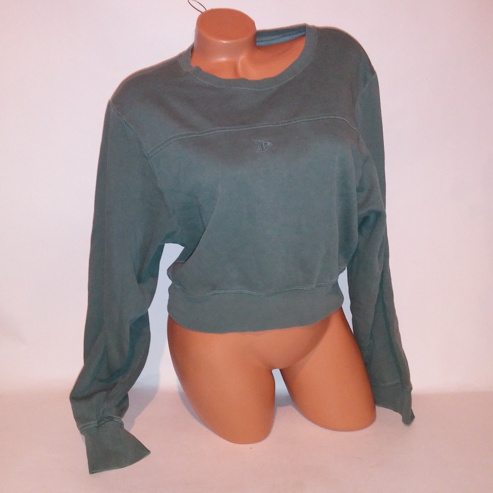 Victoria's Secret PINK Crop Top Sweater Large Pullover Green Long Sleeve Solid